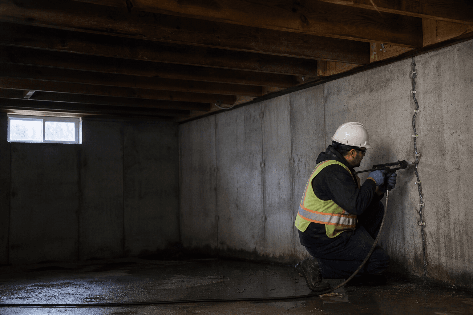 Vancouver Foundation Repair Co technician inspecting a concrete foundation wall